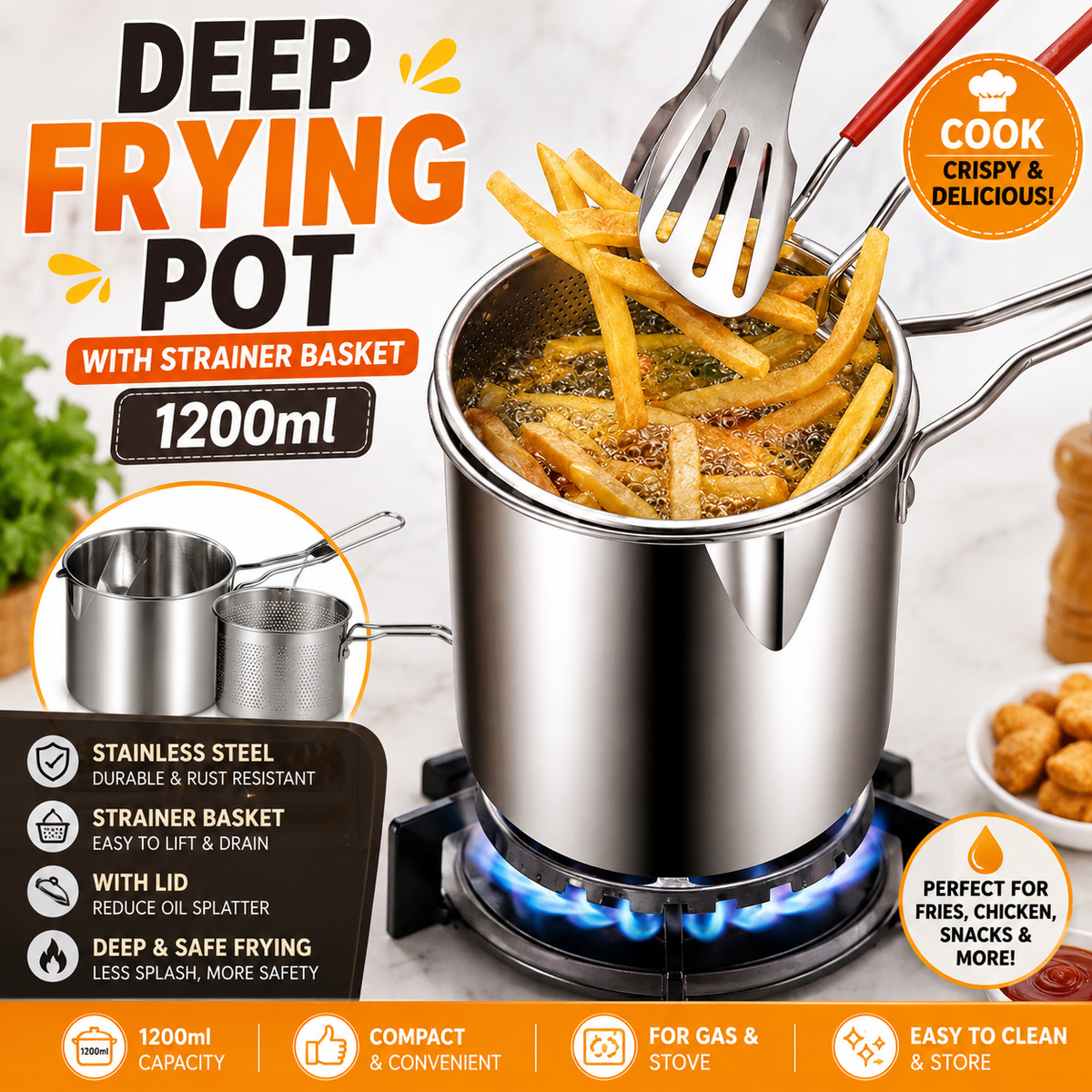 1200ml Stainless Steel Deep Frying Pot with Strainer Basket – Compact Oil Fryer for Home Kitchen